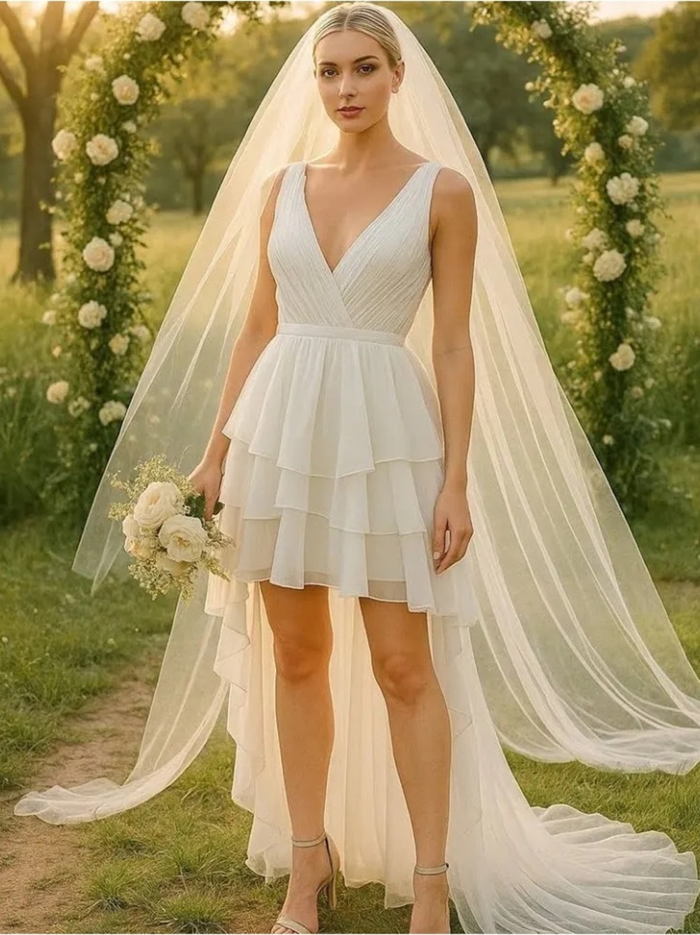 Mac Duggal IEENA White Tiered Ruffle High Low Gown Size 10 Bridal Formal